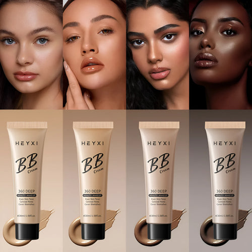 Waterproof BB cream tube showing four colour shade options for different skin tones