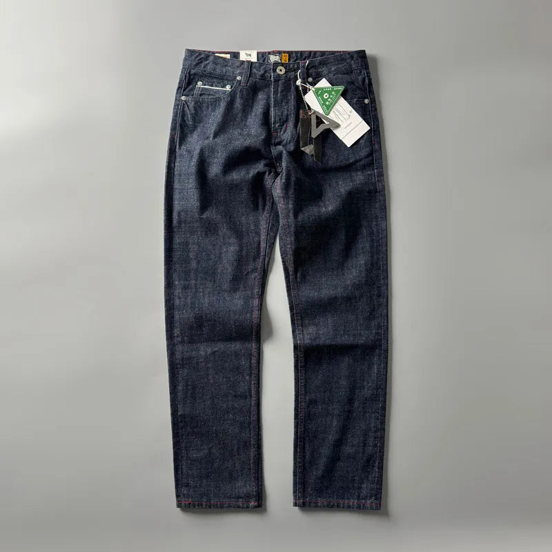 Men's blue straight leg denim jeans with American retro styling and mid waist design