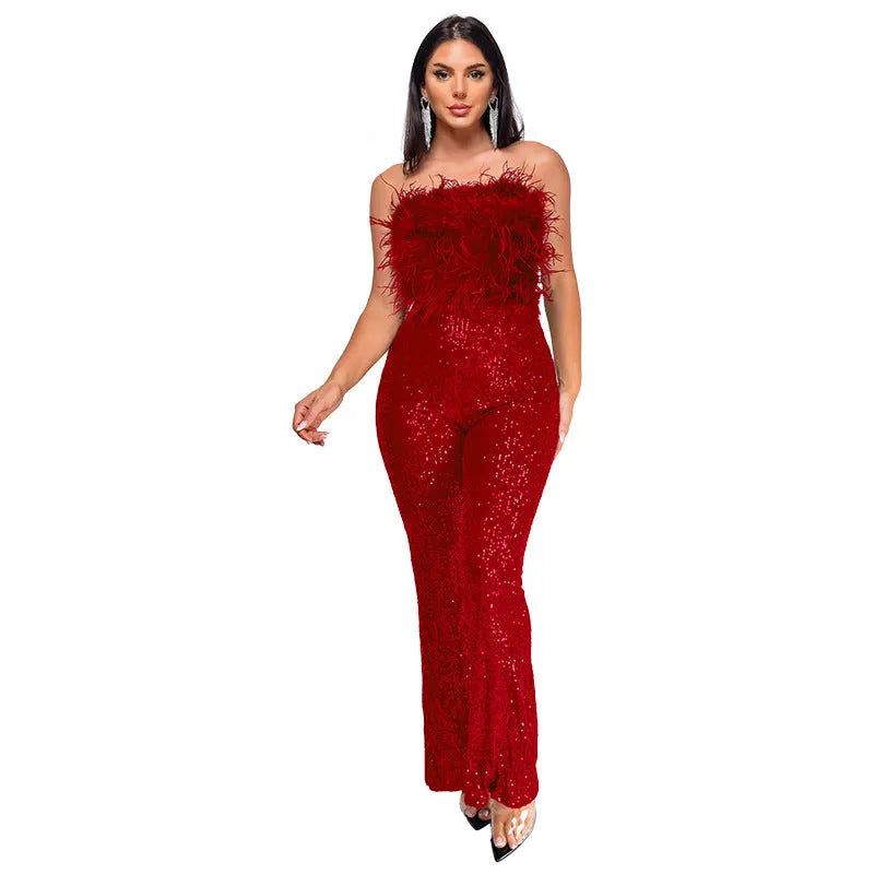 Women's sleeveless backless evening jumpsuit with flared legs and sequin collar detail