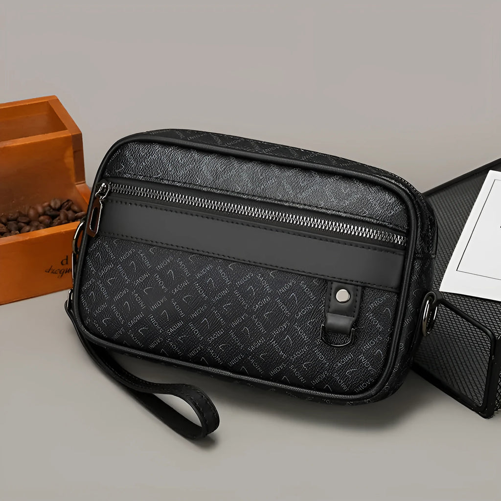 Men's geometric pattern PU messenger bag shown in a horizontal carry position.