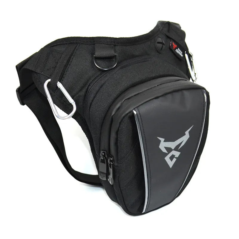 Motorcycle leg bag in red, blue, green, or grey, showing adjustable straps and 1200D Oxford cloth construction.