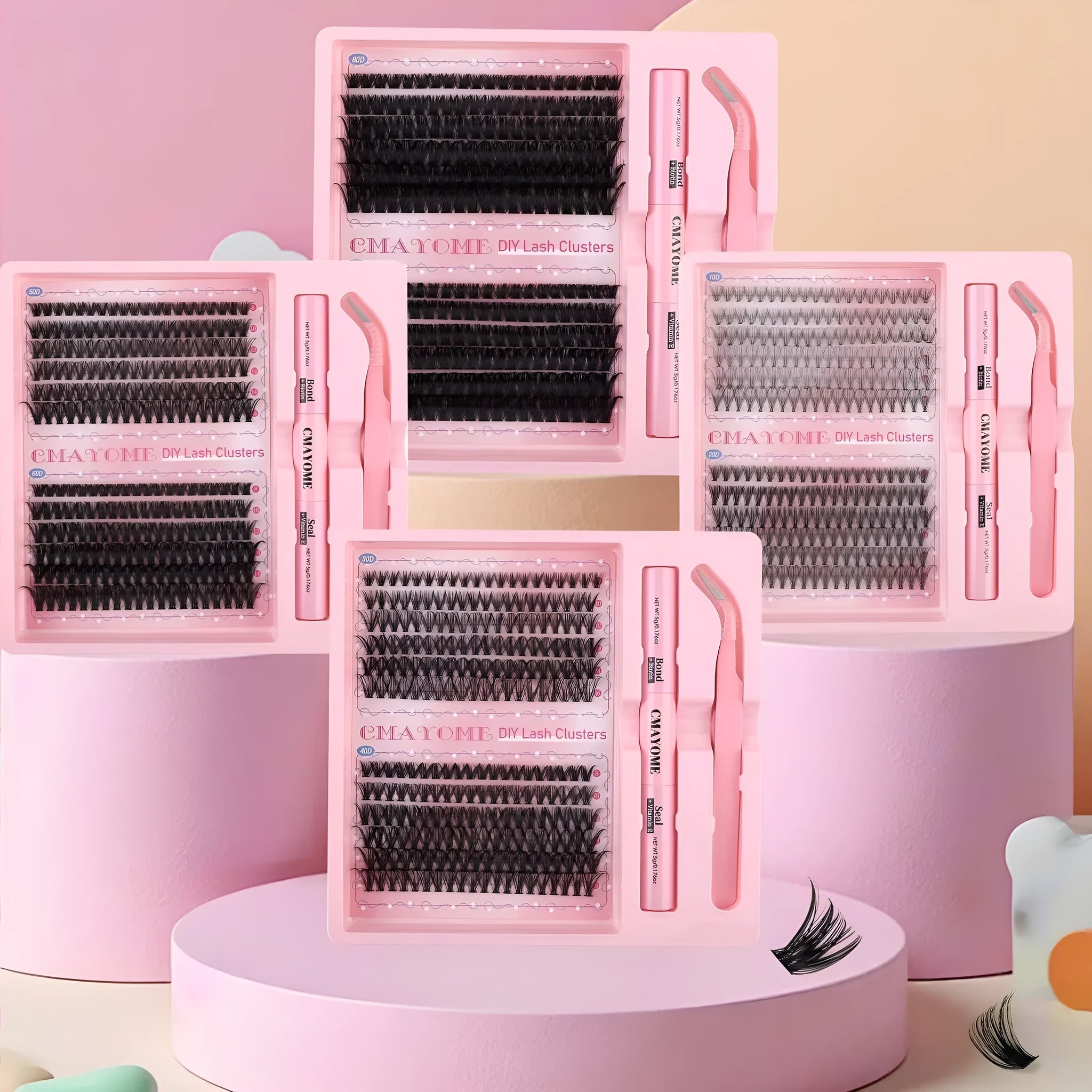 DIY single cluster individual false eyelashes set on white background, showing thick mixed split type artificial fibre lashes.