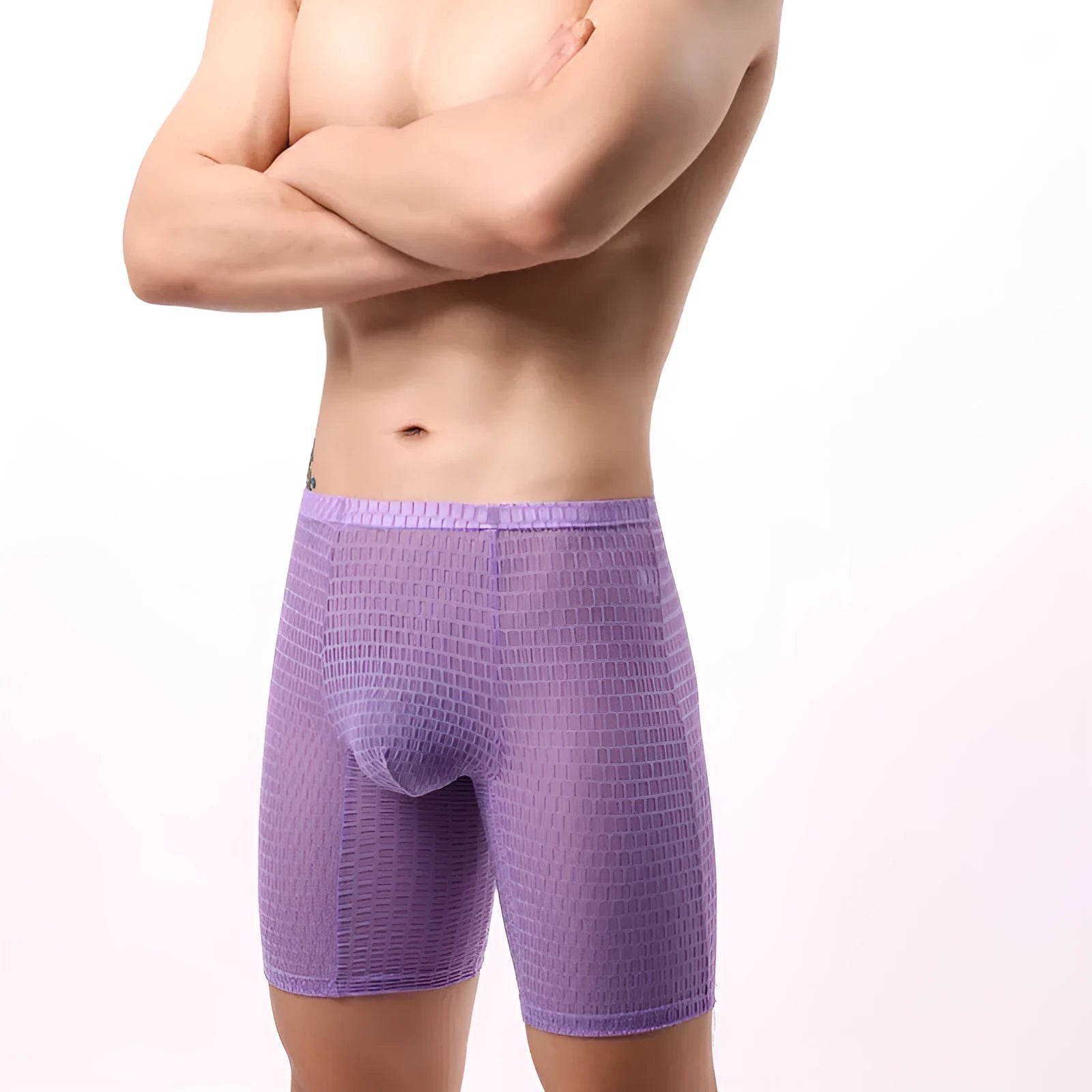 Men's transparent lace boxer shorts in lengthened style with mid waist