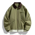 Men's American retro workwear jacket with contrast colour lapels, loose fit autumn styling