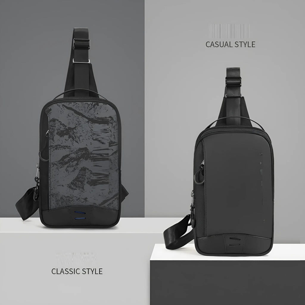 Casual black camouflage pattern insulated chest bag with a single strap and waterproof TPU exterior.