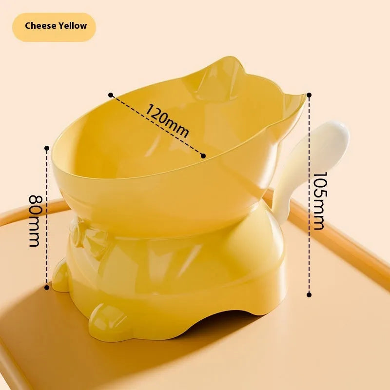 Stainless steel oblique anti-fall cat bowl in black, blue, pink, and yellow colours.