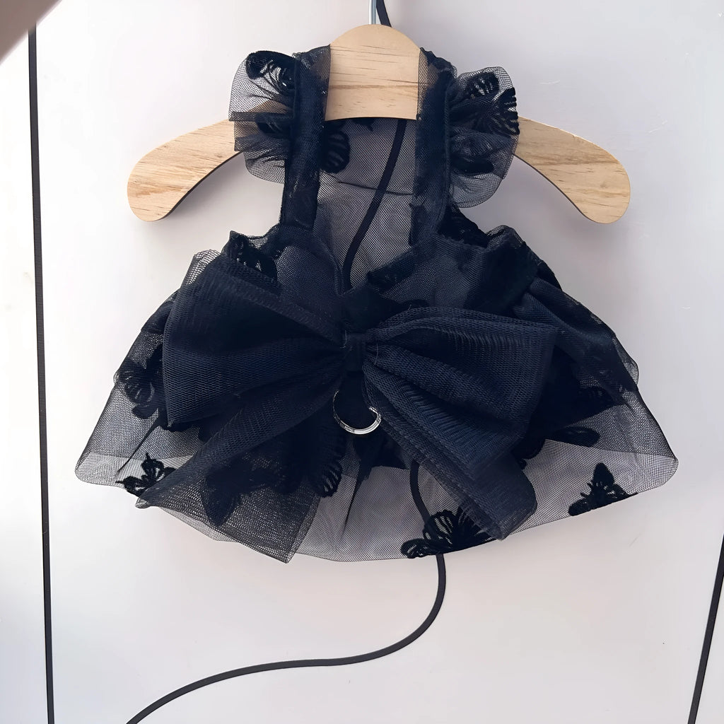Black princess tulle skirt dress for a small dog or cat on a mannequin, showing the gauze material.
