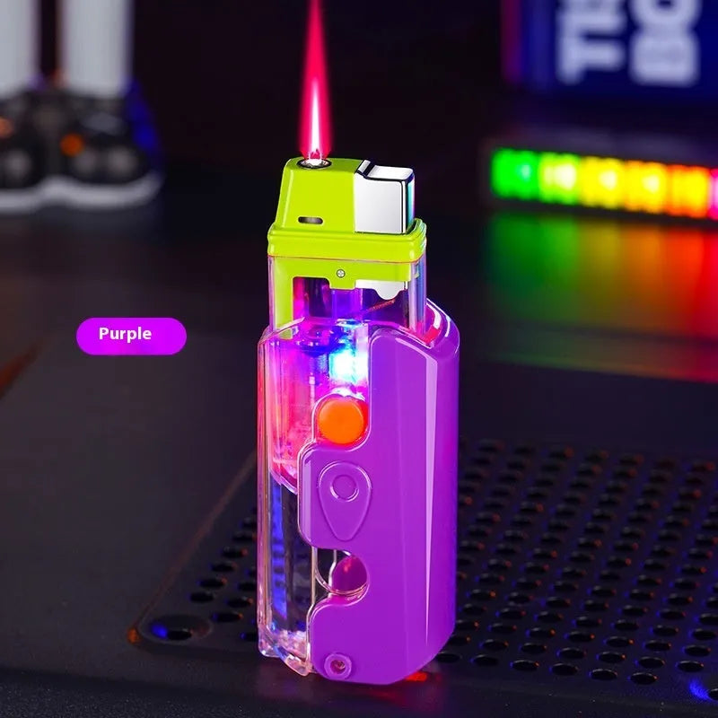 Colourful luminous radish design plastic lighter in orange, purple, or green on a plain background.