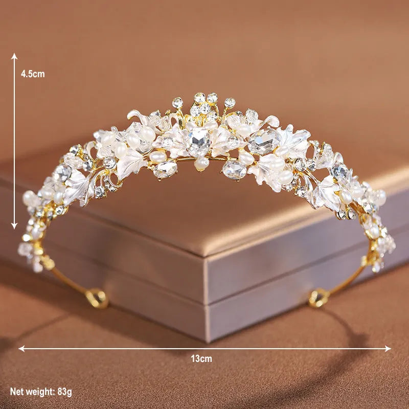 Gold and silver alloy pearl crown headdress for women, European style formal hair accessory.