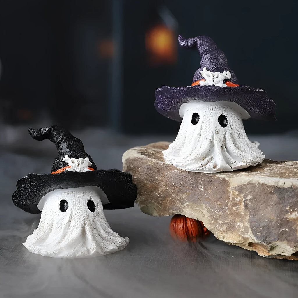 Resin wizard hat ghost ornament in black or purple colour for Halloween and Christmas decorations