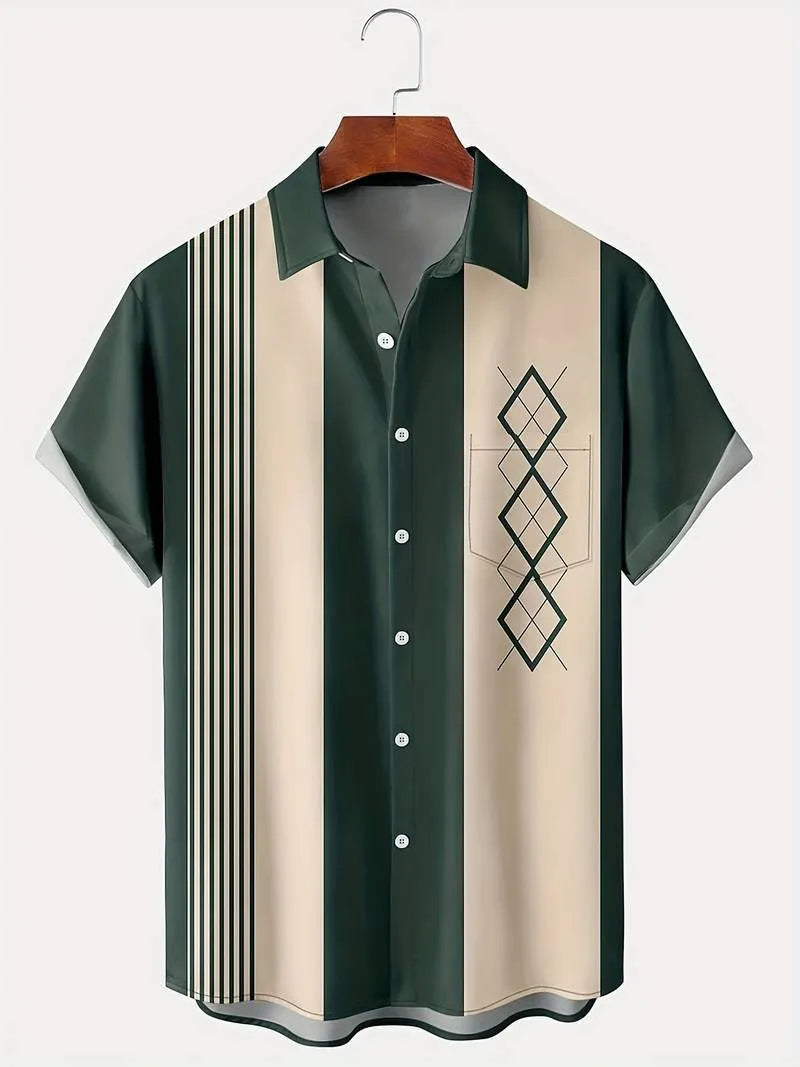 Man wearing a loose-fit plaid short-sleeved shirt with a lapel collar in a contrast colour pattern.