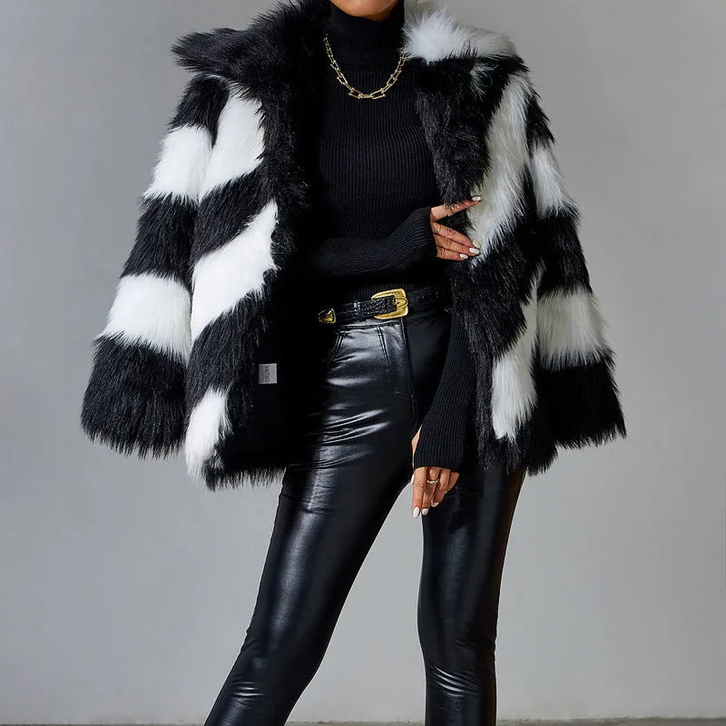 Women's faux fur coat with contrast colour lapels and detachable fur collar in picture colour option