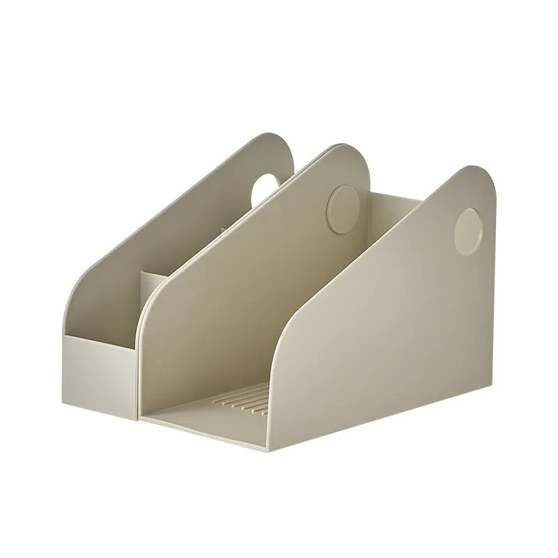 Plastic desktop storage box with 2-layer shelf organisation in milk coffee colour