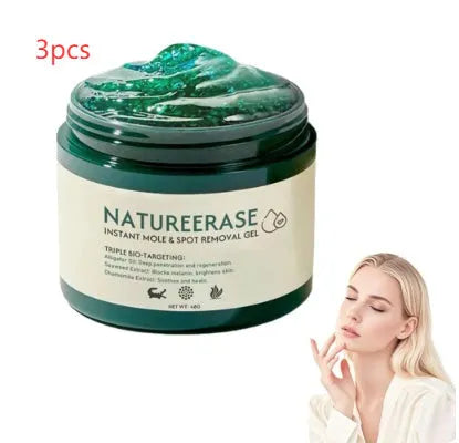 Natureerase mole removal gel tube showing 45g hydrating formula for general skin types