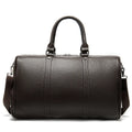 Men's black leather tote bag with single shoulder strap showing 20L capacity