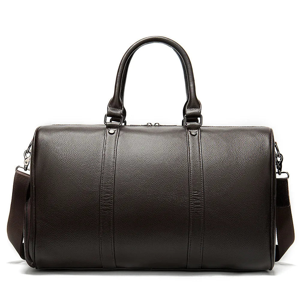 Men's black leather tote bag with single shoulder strap showing 20L capacity