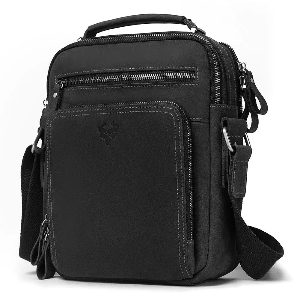 Men's brown crazy horse leather crossbody bag with sewing line detail and single shoulder strap.
