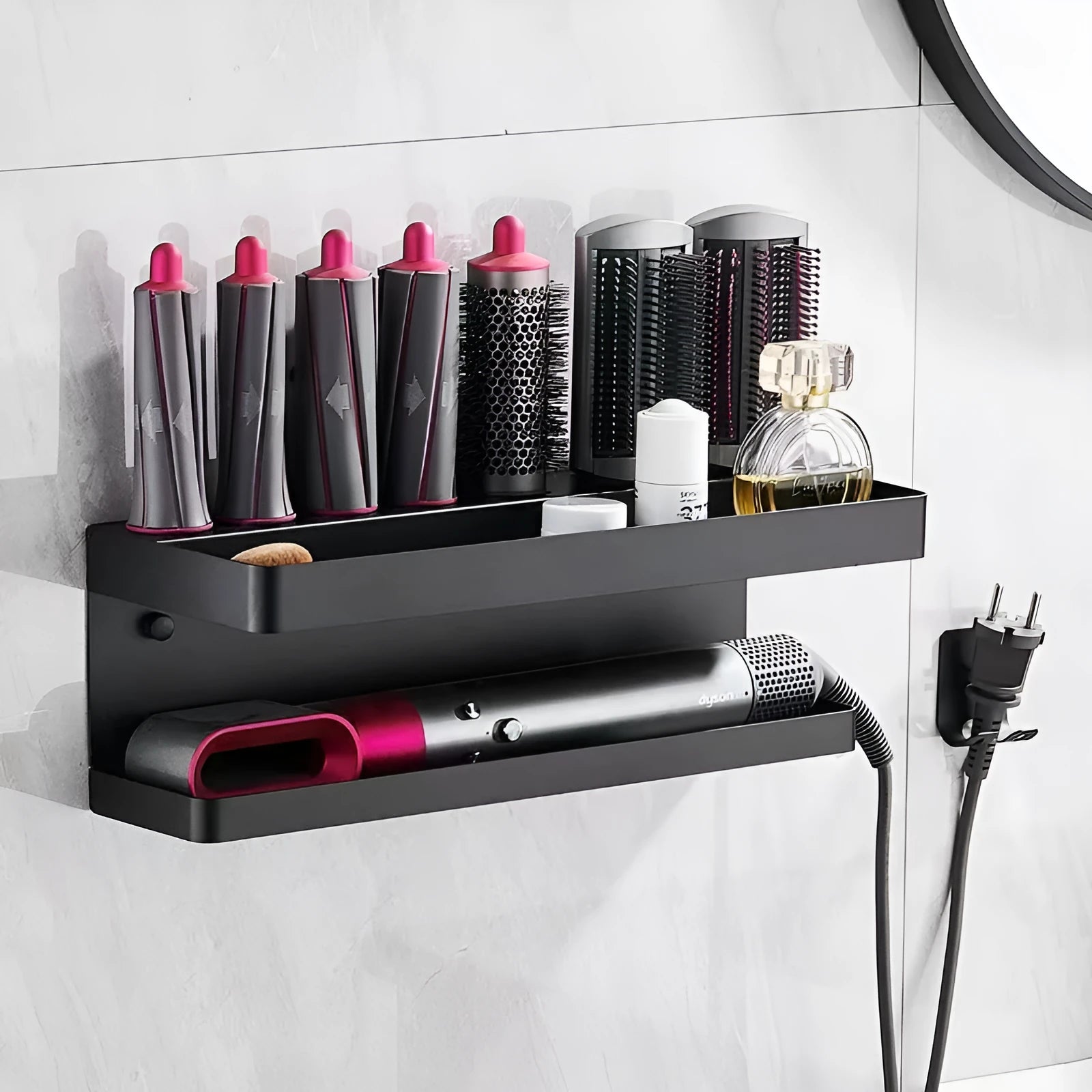 White aluminium punch-free bathroom storage rack with double layers for Marcel waver curlers