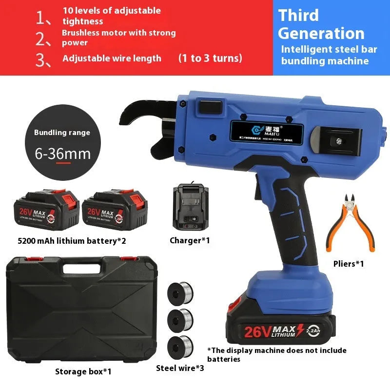 Fully automatic electric steel bar tying machine with battery on a construction site.