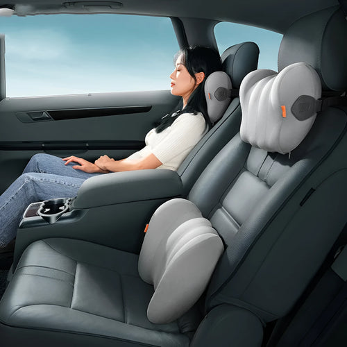 Grey and orange memory foam car head restraint and lumbar pillow set for suspension bins.
