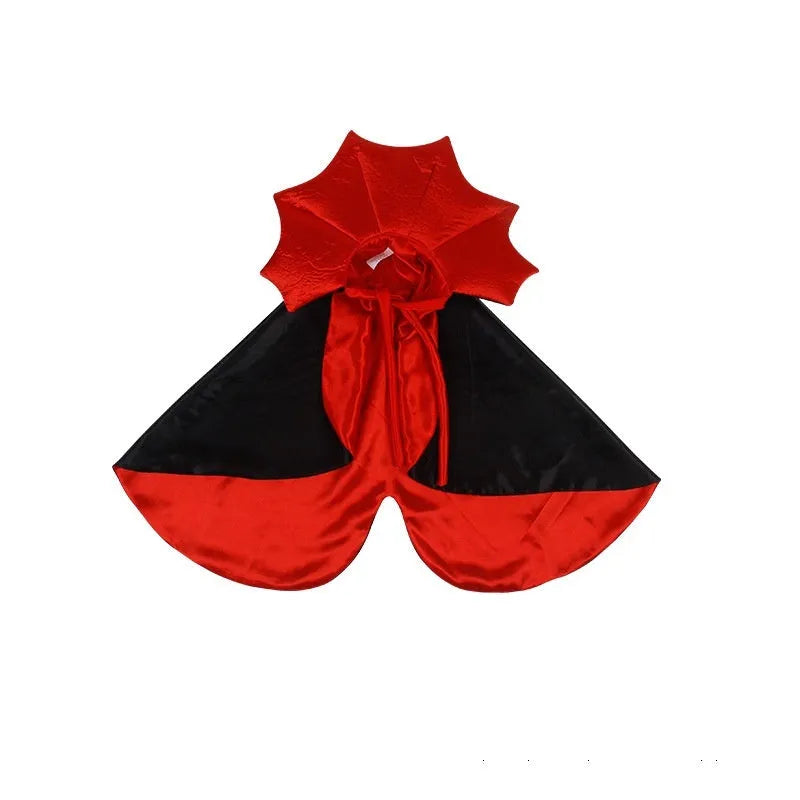Black and red polyester Halloween costume for a cat or dog on a hanger.