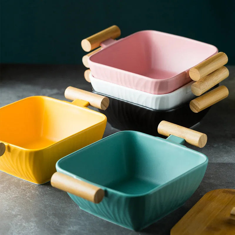 Ceramic serving bowl with irregular modern shape and matching lid in various colour options