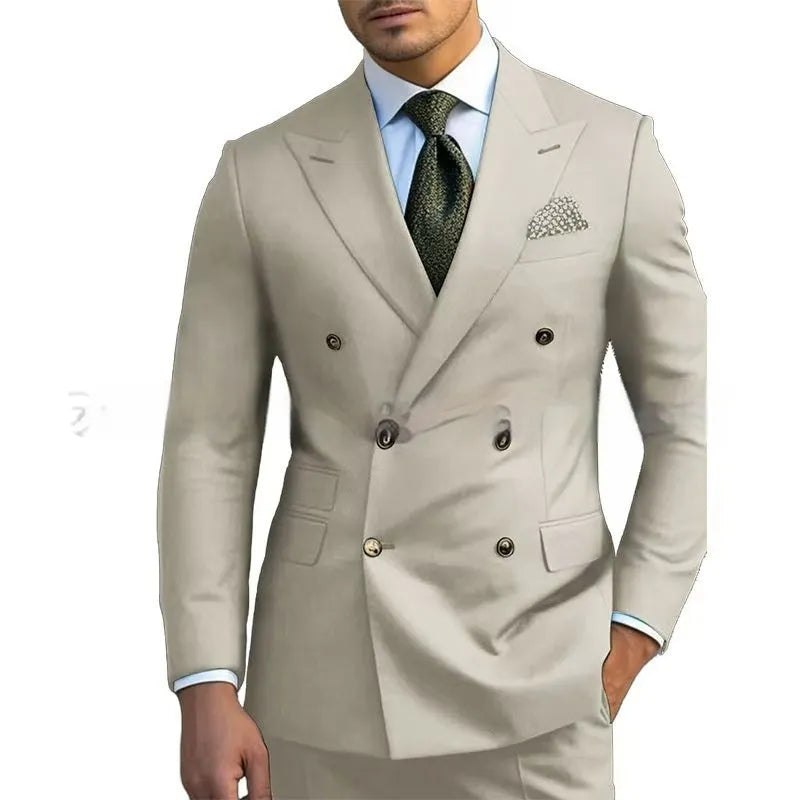 Men's light business two-piece suit in a cotton blend fabric, shown in navy blue.