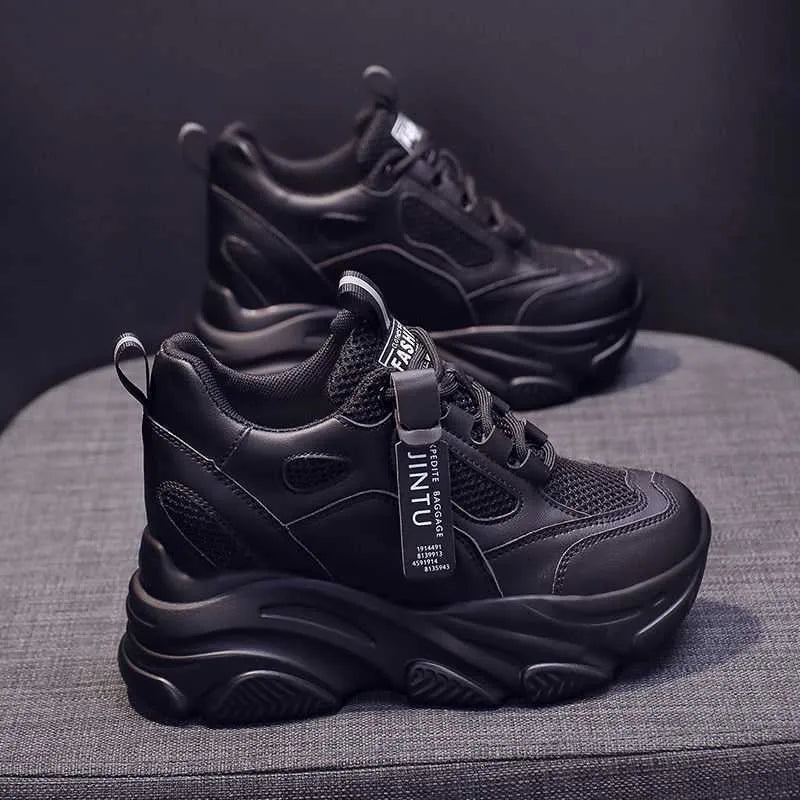 Women's black mesh platform casual shoes with hollow-out design and toe holder styling