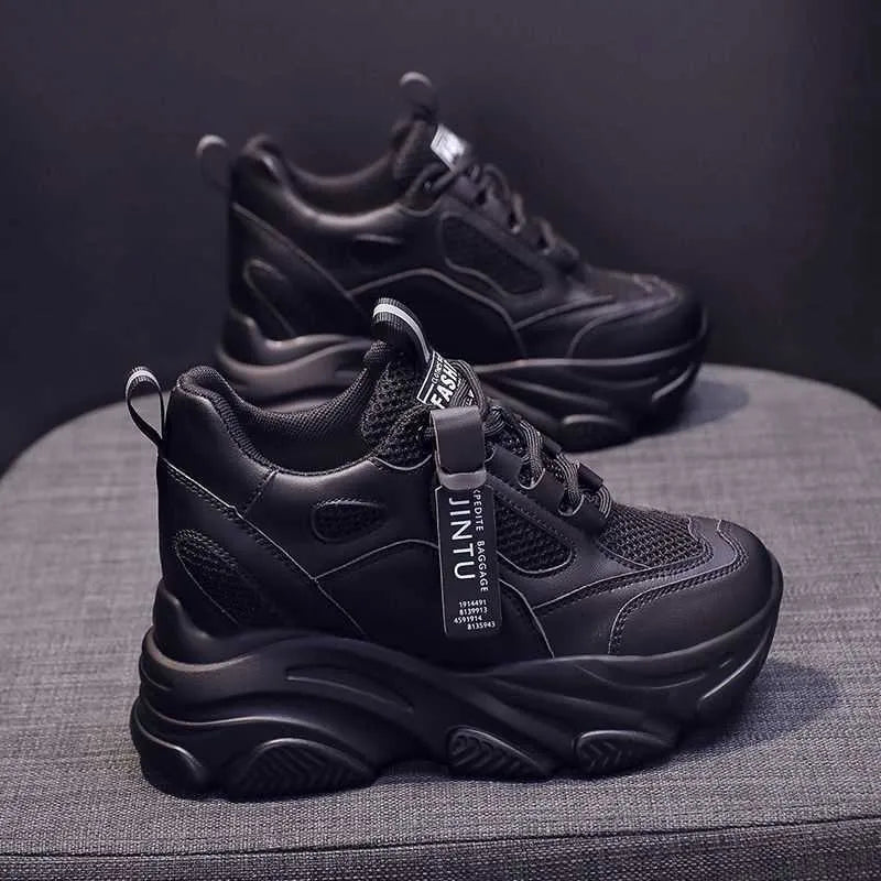 Women's black mesh platform casual shoes with hollow-out design and toe holder styling