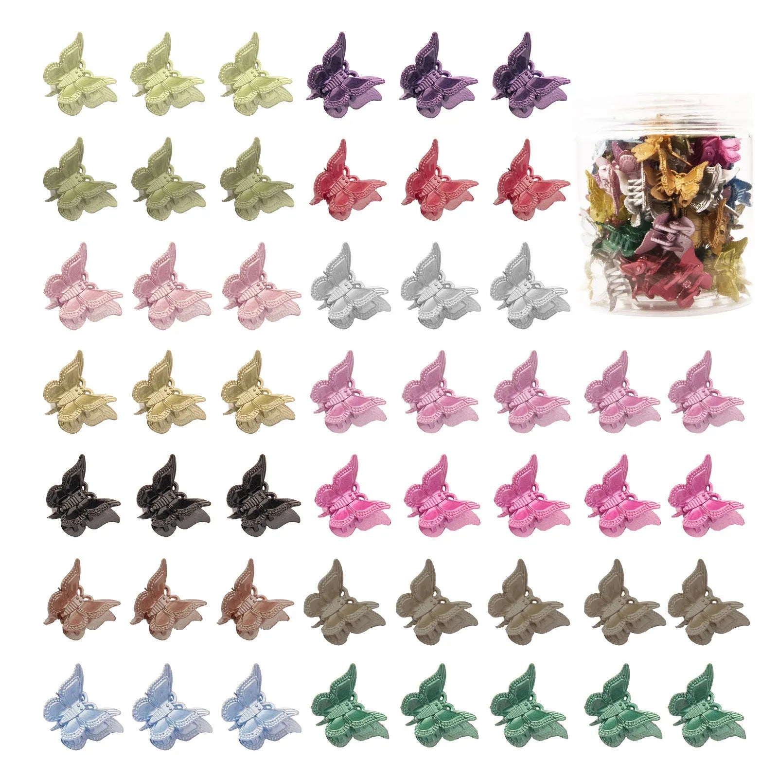 50 glitter butterfly hair claw clips in assorted colours showing plastic metal construction