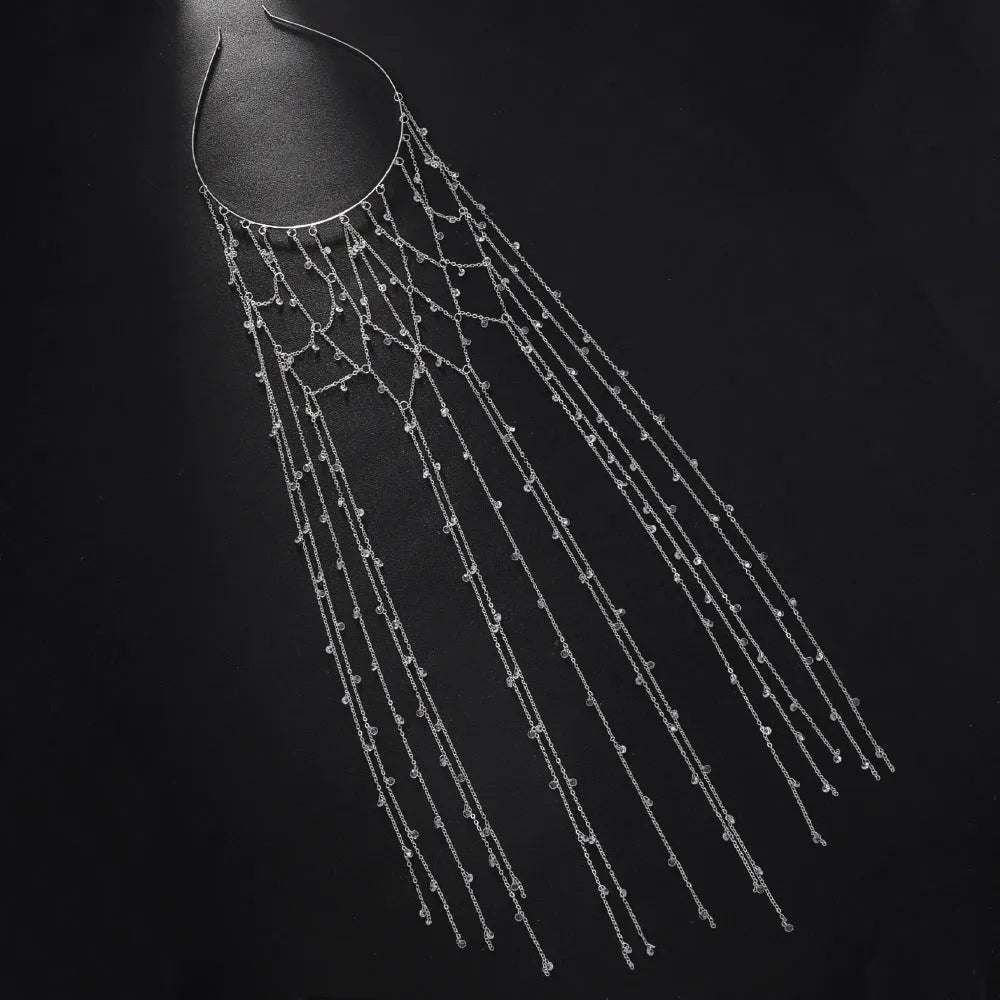 Gold or silver mesh tassel rhinestone headband hair accessory with electroplated finish