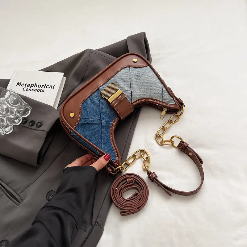 Brown denim women's shoulder bag with diamond mesh chain design and internal phone compartment