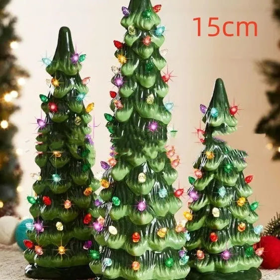 Set of European-style resin Christmas tree ornament decorations in warm and coloured light variants.