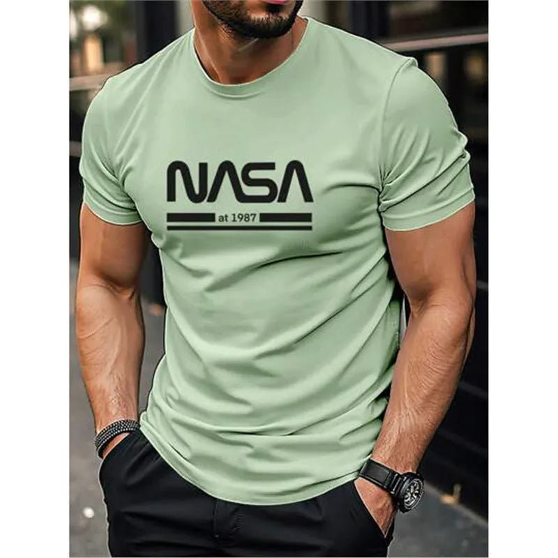 Printed slim-fit men's short sleeve cotton T-shirt on a hanger, shown in multiple colour options.