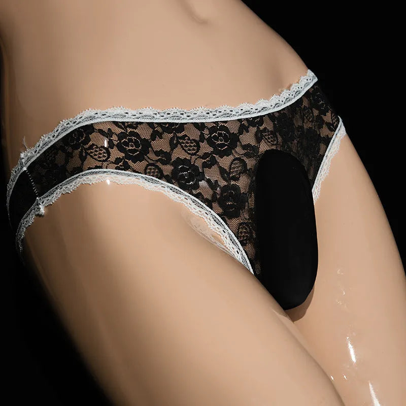 Men's lace underwear briefs with vertical pouch design in black colour