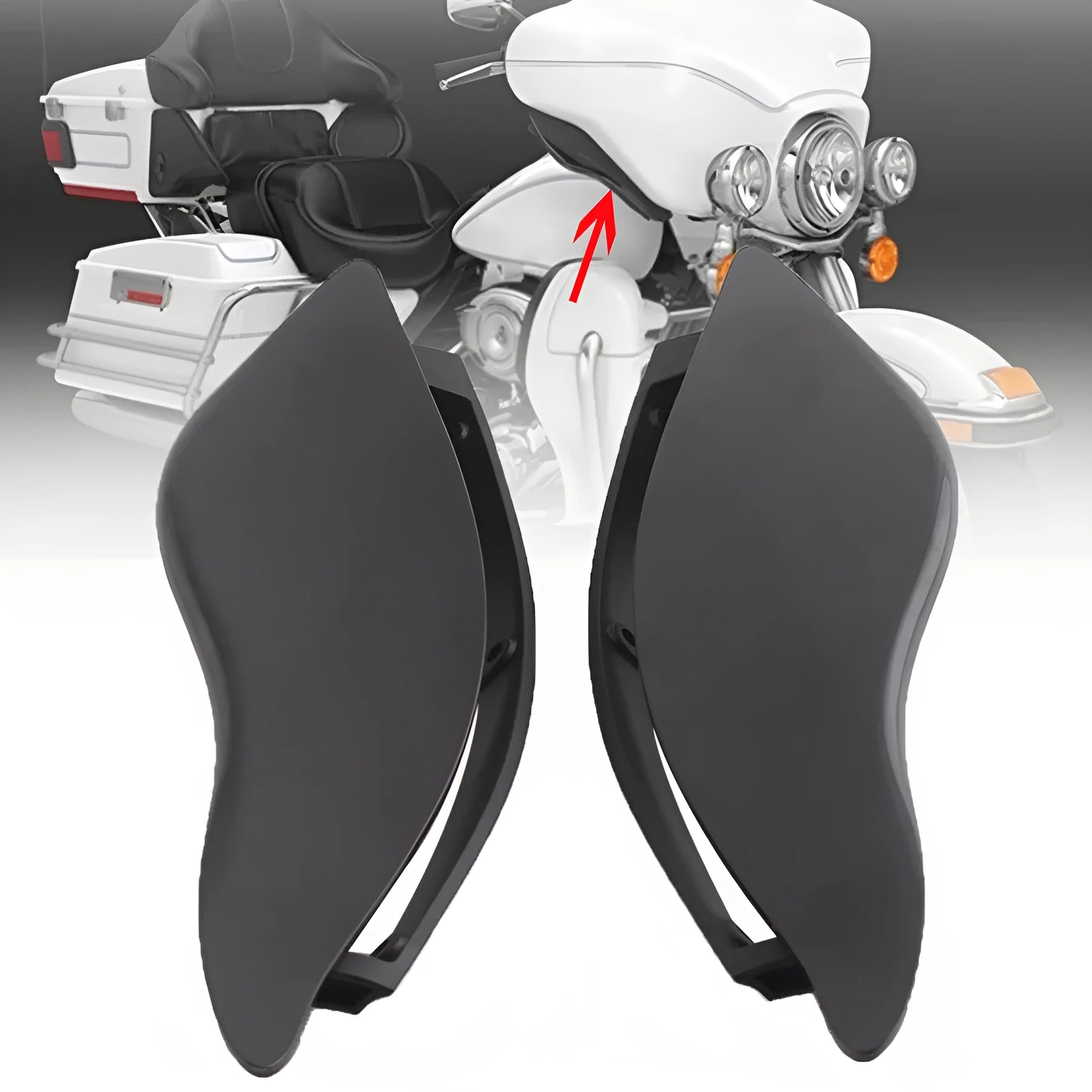 Pair of smoked ABS plastic windscreen side wings for a Harley Davidson Road Glide motorcycle.
