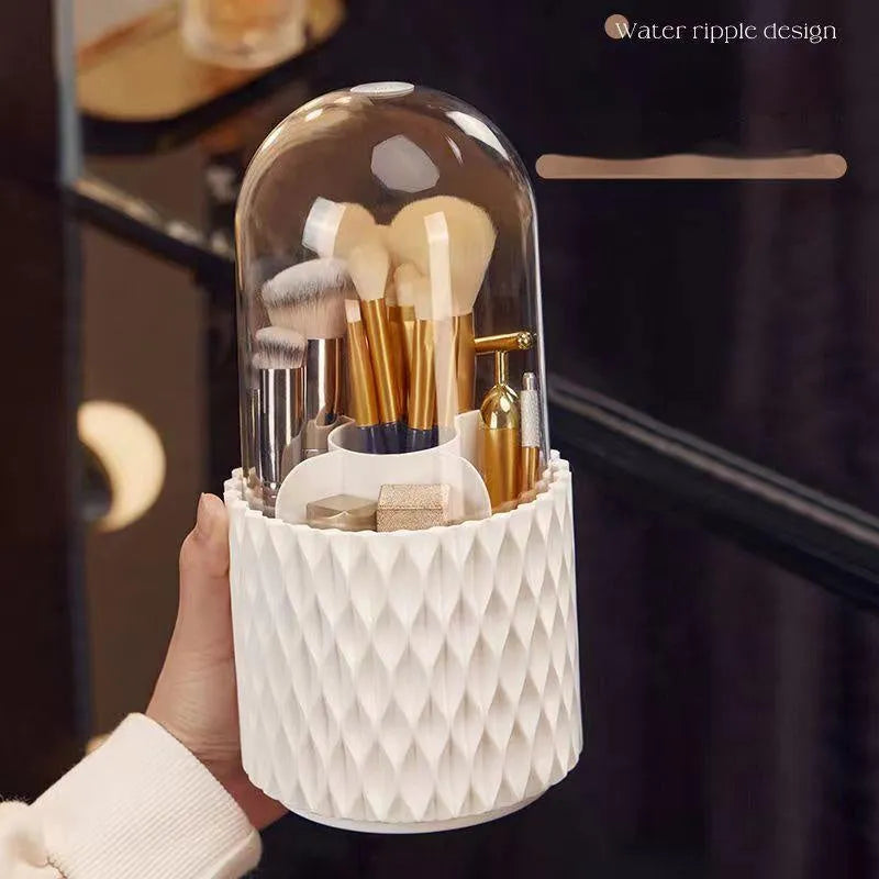 White rotating acrylic makeup brush storage box with transparent lid and split compartments