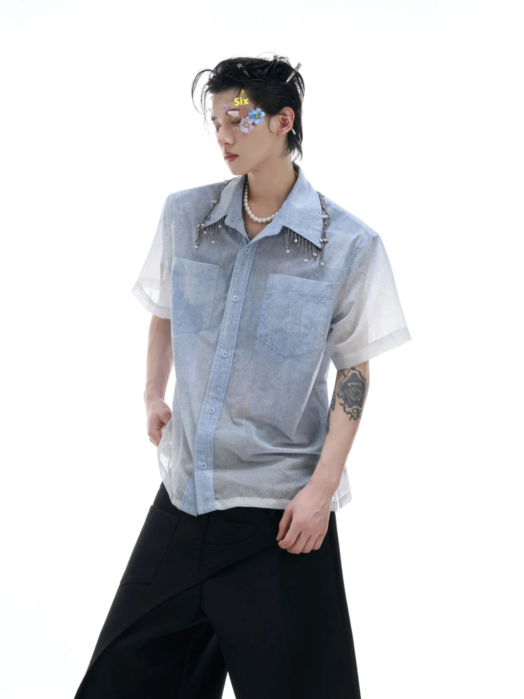 Blue and white gradient short-sleeve loose fit casual shirt for summer.