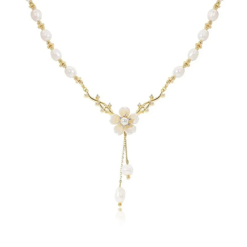 Alloy pearl flower necklace with rose accents on model