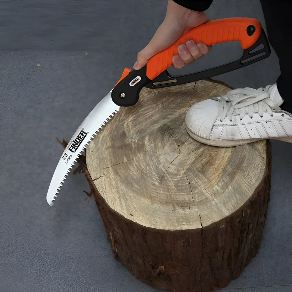 Folding garden saw with orange TPR grip and 9-inch steel blade extended for cutting
