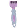 Stainless steel pet grooming comb with integrated knot knife, shown in pink and purple colour options.