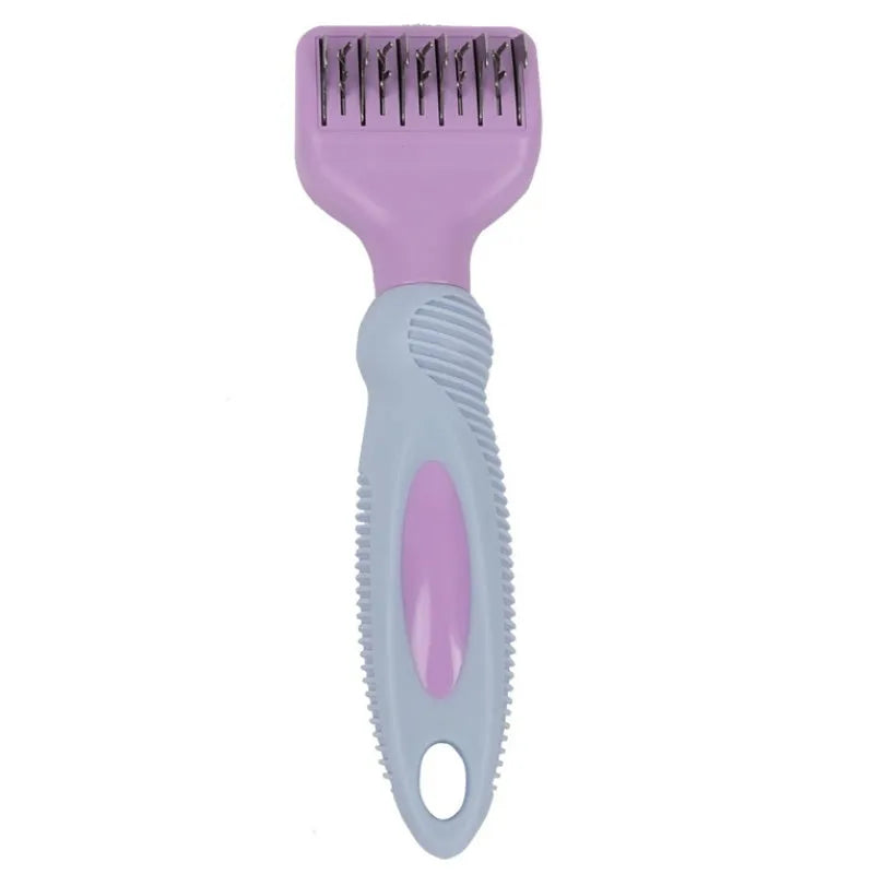 Stainless steel pet grooming comb with integrated knot knife, shown in pink and purple colour options.