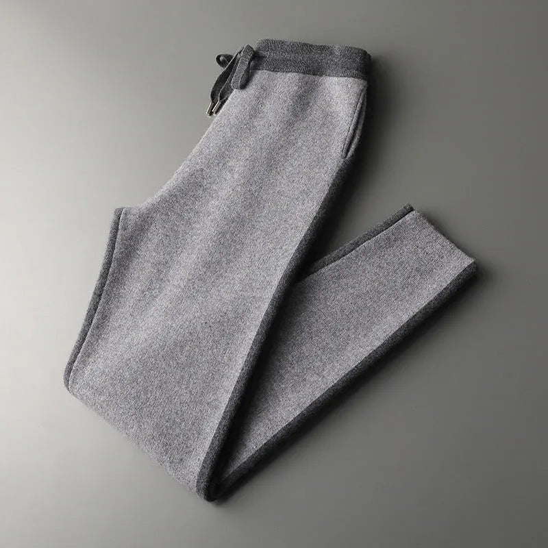 Men's cashmere blend cardigan suit with half turtleneck zip and matching trousers in winter colours