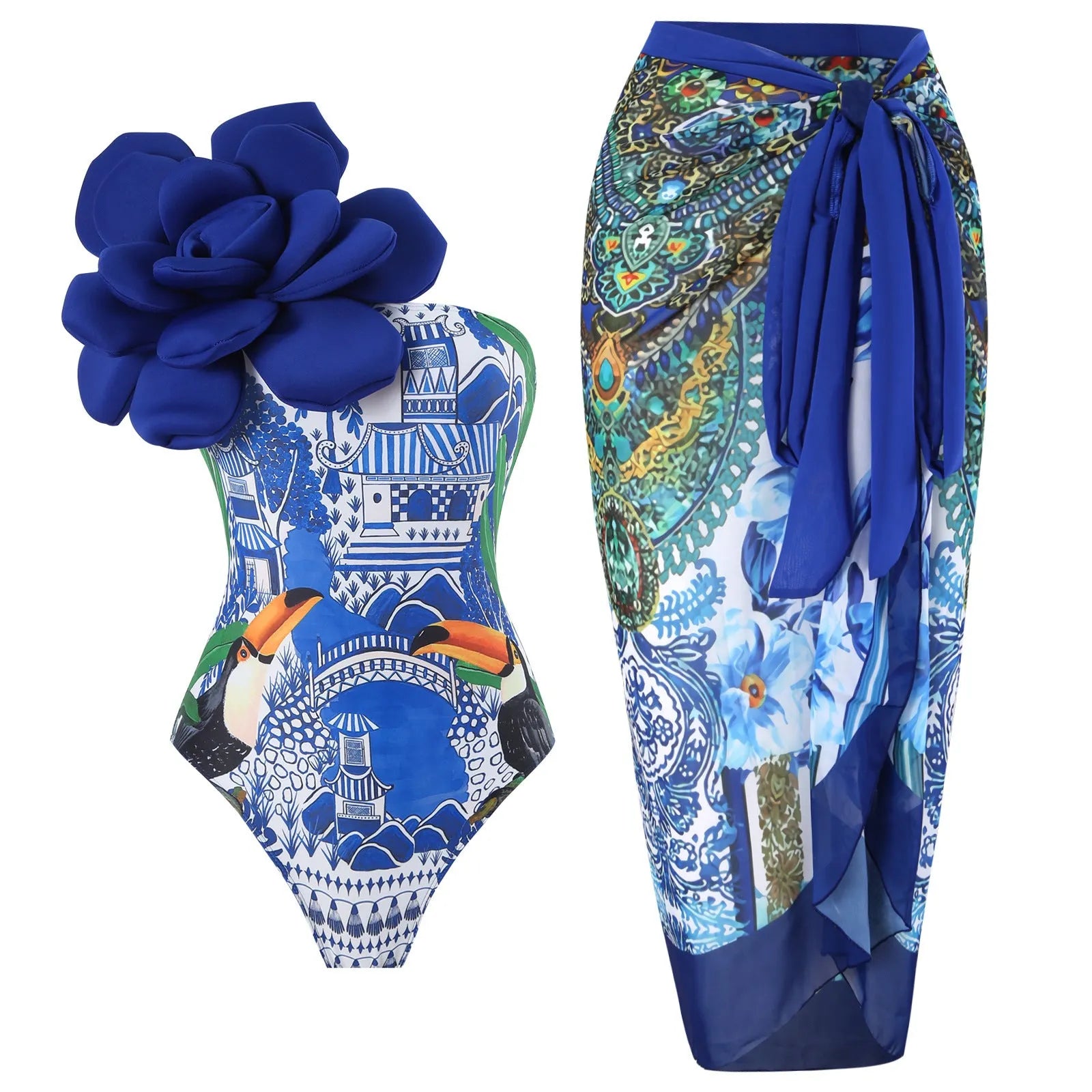 Women's blue printed one-piece swimsuit with matching gauze skirt set