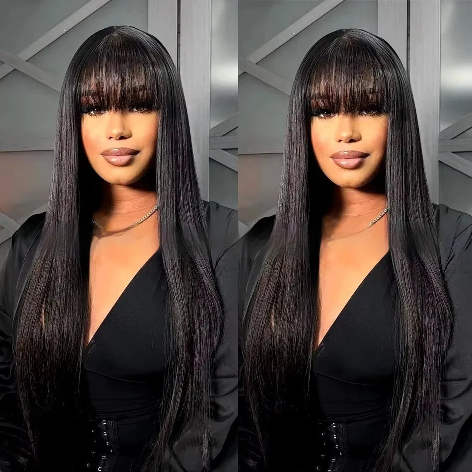 Natural colour women's human hair wig with full-mechanism headgear on display, showing length options.