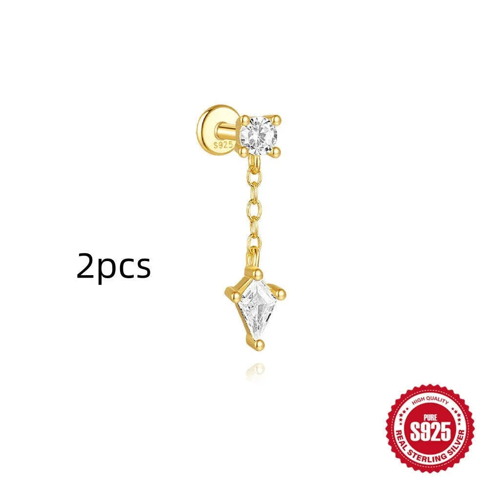 S925 sterling silver geometric kite-shaped earring with rhinestone chain tassel in a gold colour finish.