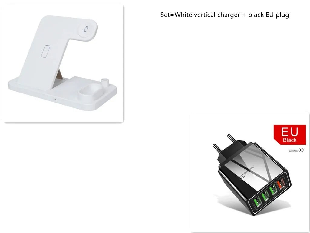 Black 4-in-1 wireless charging station showing phone, Apple Watch, AirPods, and Apple Pencil charging simultaneously.