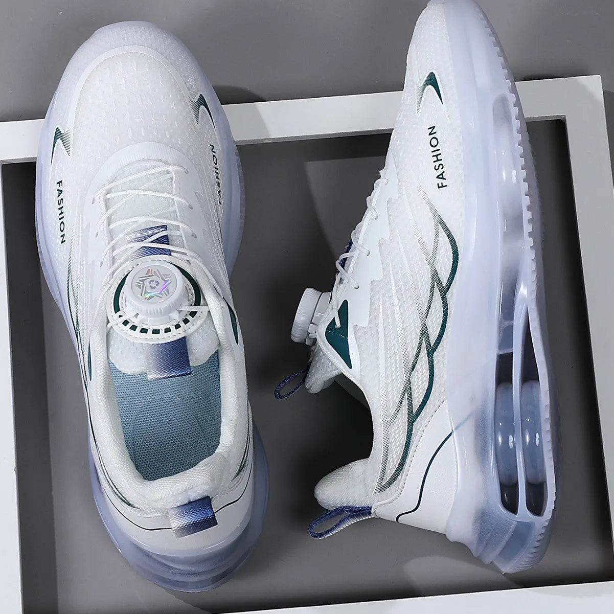 White men's casual running shoes with rotating button closure and mesh upper in Korean style design