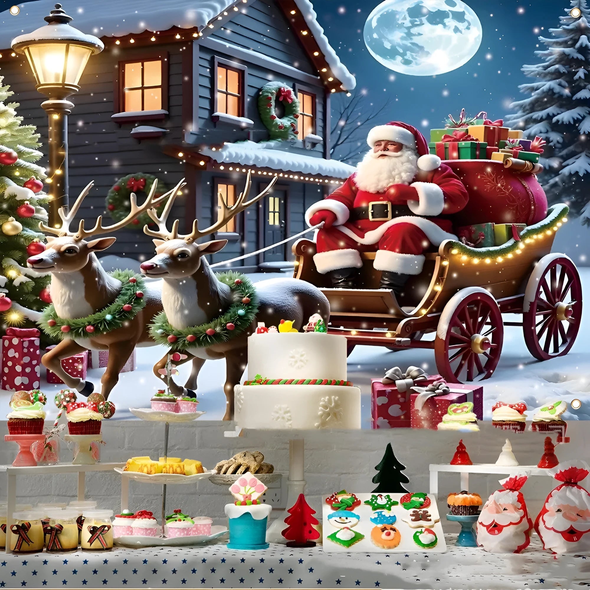 Christmas banner with Santa Claus night gift design measuring 210x150cm