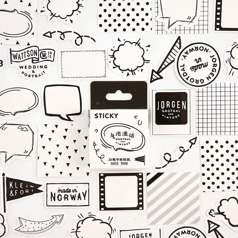 Open box showing 46 small cartoon pattern stickers for journal decoration, themes include Girlhood and Bubble Comic.